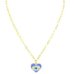 Evil Eye Heart Charm Gold Plated Paperclip Chain Dainty Minimal Pendant Necklace